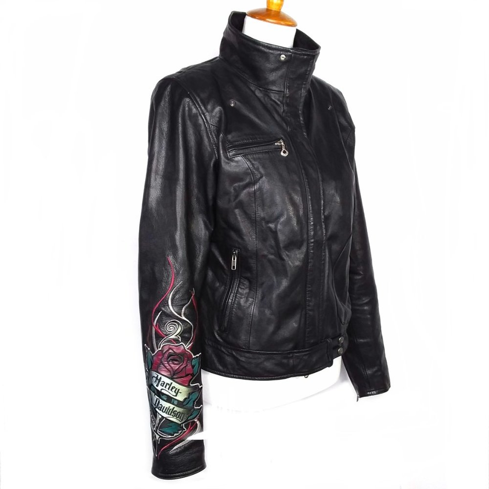 Harley Davidson Black Leather Moto Jacket Embroidered Logo Rose Size Medium - Picture 2 of 12